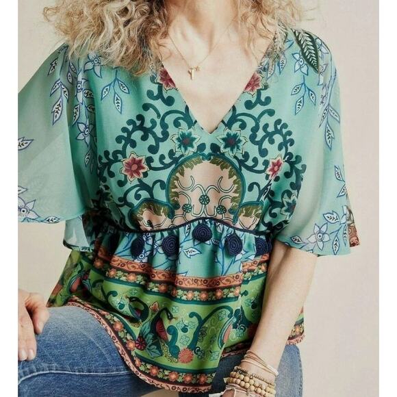 New FARM RIO Anthropologie BOHO Green Floral Idiya V-Neck Blouse Size S - Picture 1 of 8